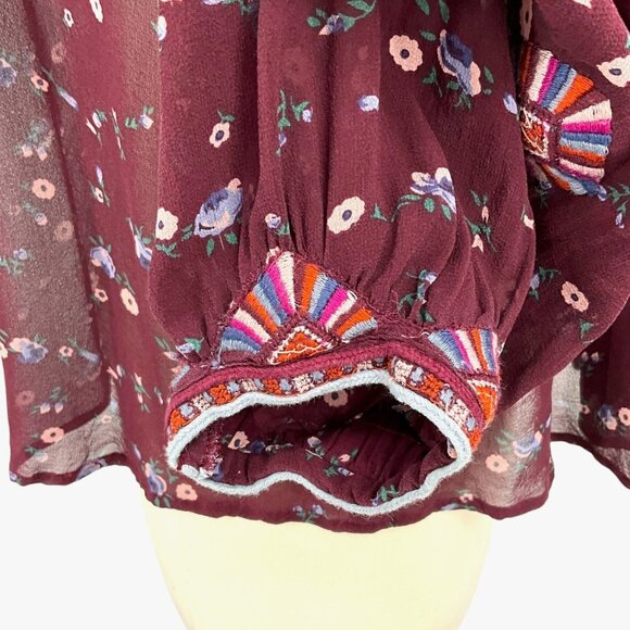 Ulla Johnson Lida Blouse Top Maroon Floral Silk Chiffon V-Neck Size 2 S Sheer - Picture 6 of 14